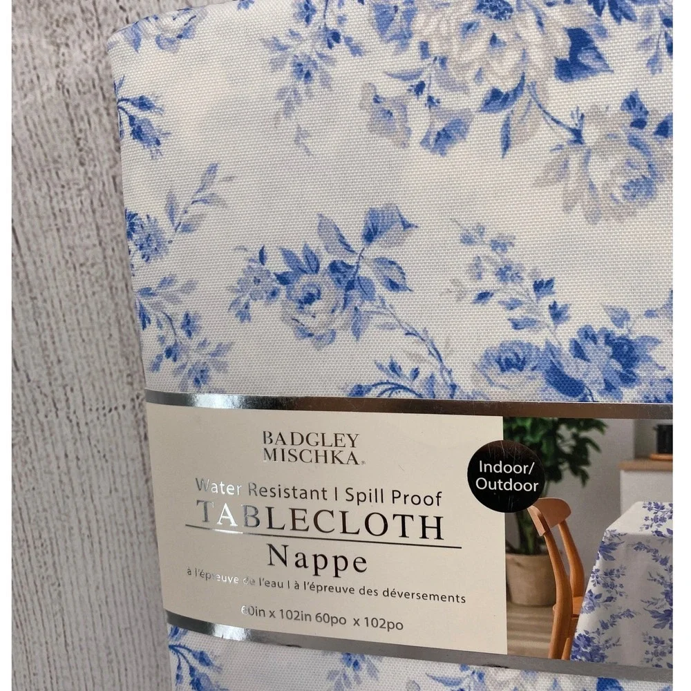 Badgley Mischka Tablecloth 60x102 Blue White Floral Toile Spill Proof Oblong